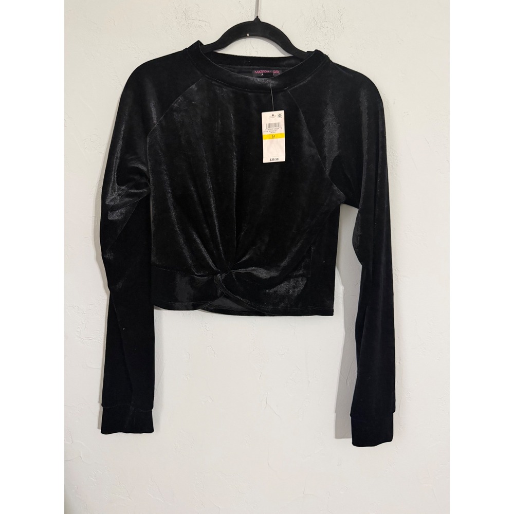 Material Girl Active Black Velvet Twist Front Cropped Long‎ Sleeve Top MGT00192